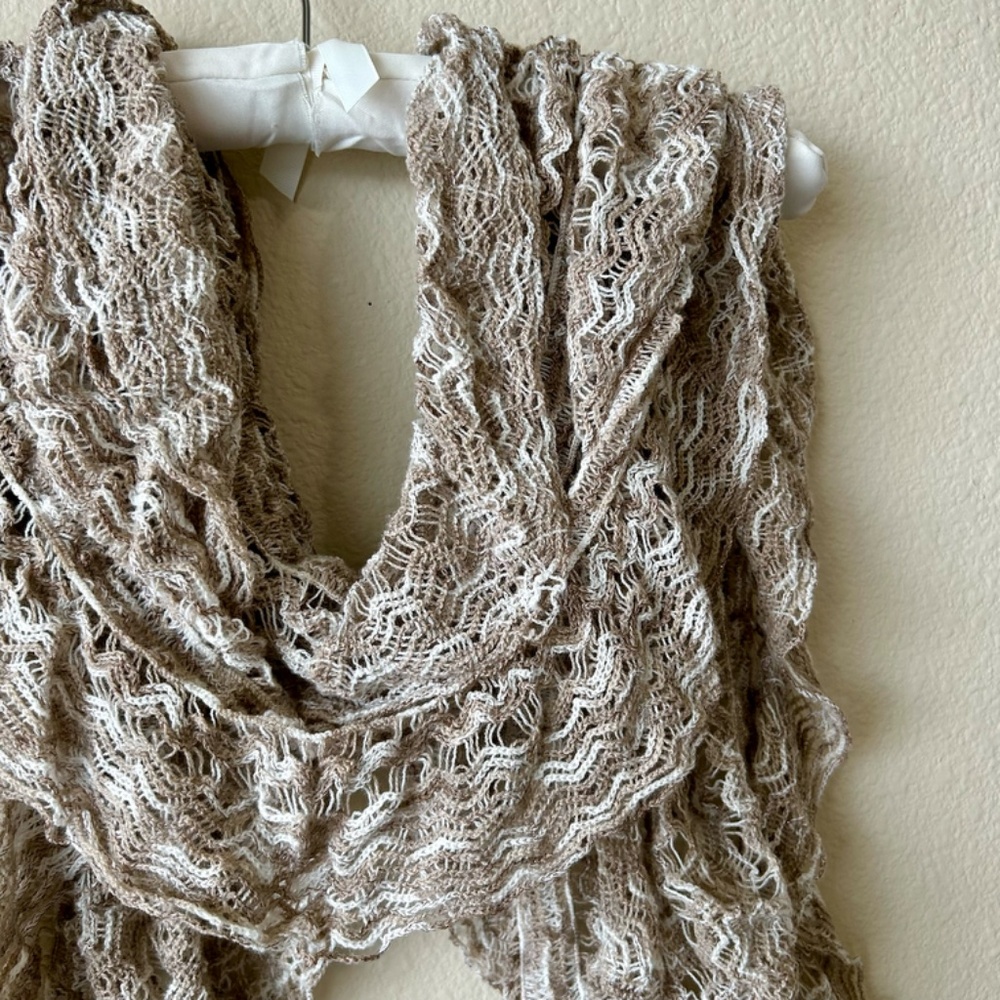 Cream and Tan Scarf Crochet Looseweave Fringe Soft 18" wide x 80" long - Picture 4 of 16